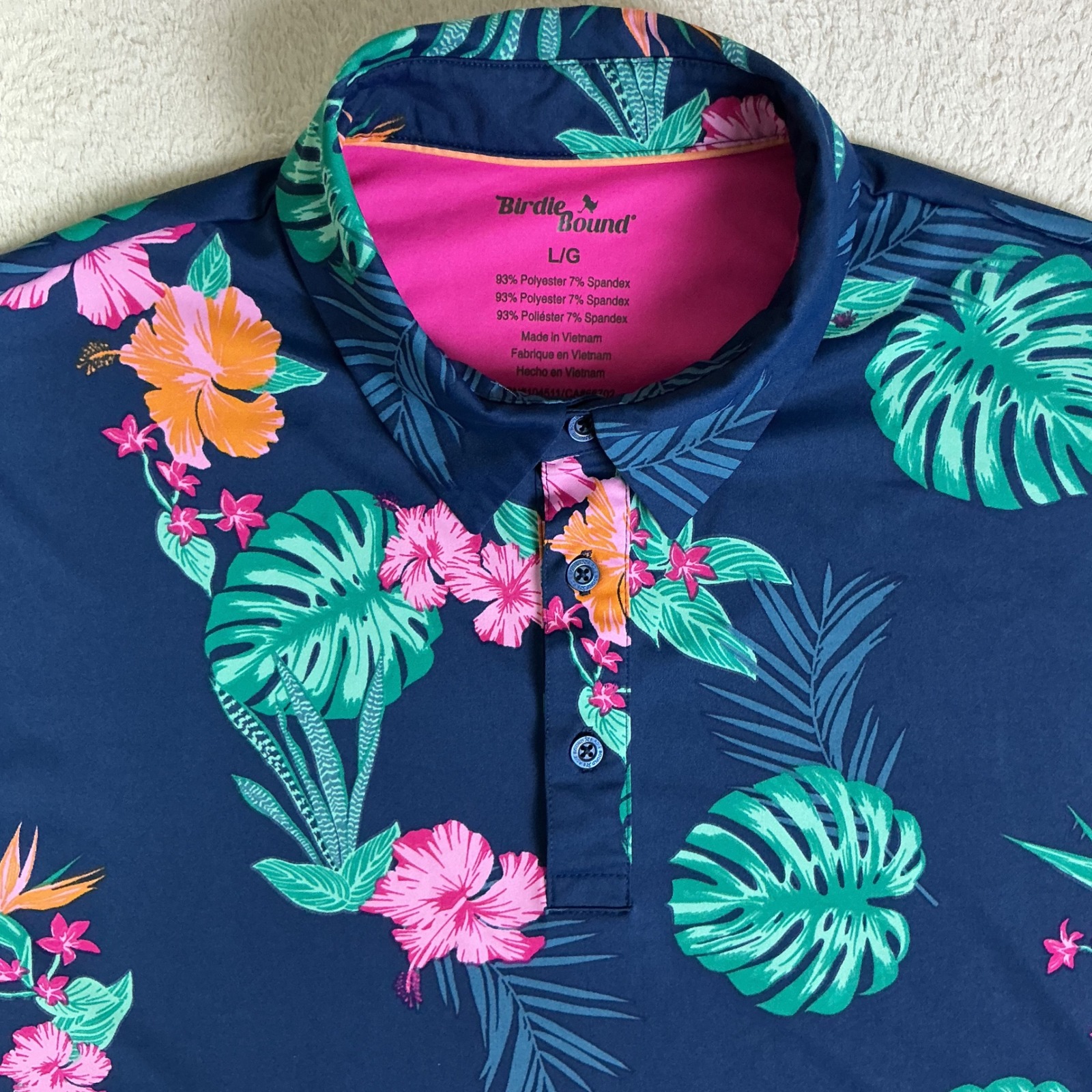 Birdie Bound Mens Golf Polo Shirt Large Navy Blue Tropical Floral Hibiscus Print